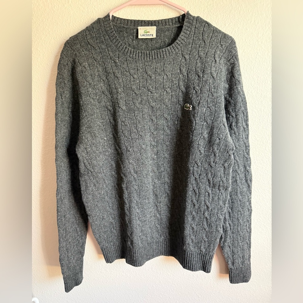 Lacoste Grey Cable‑Knit Sweater with Crocodile Logo